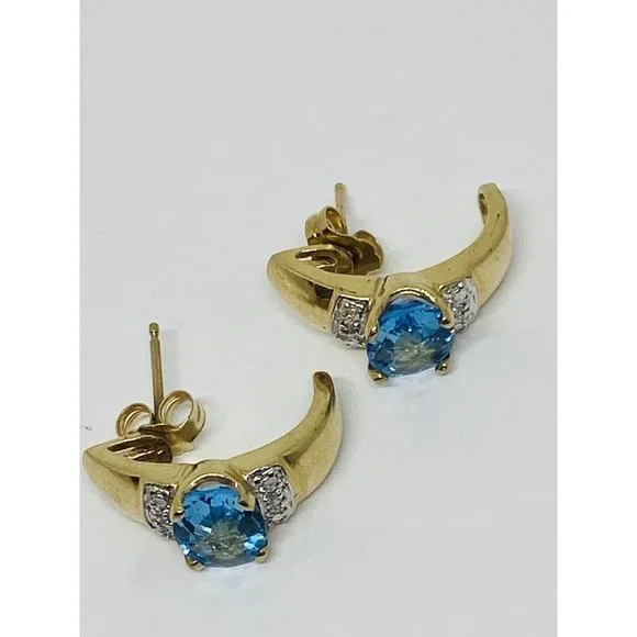 10K Yellow Gold Blue Topaz Diamond Earrings Half Hoop - Picture 2 of 7